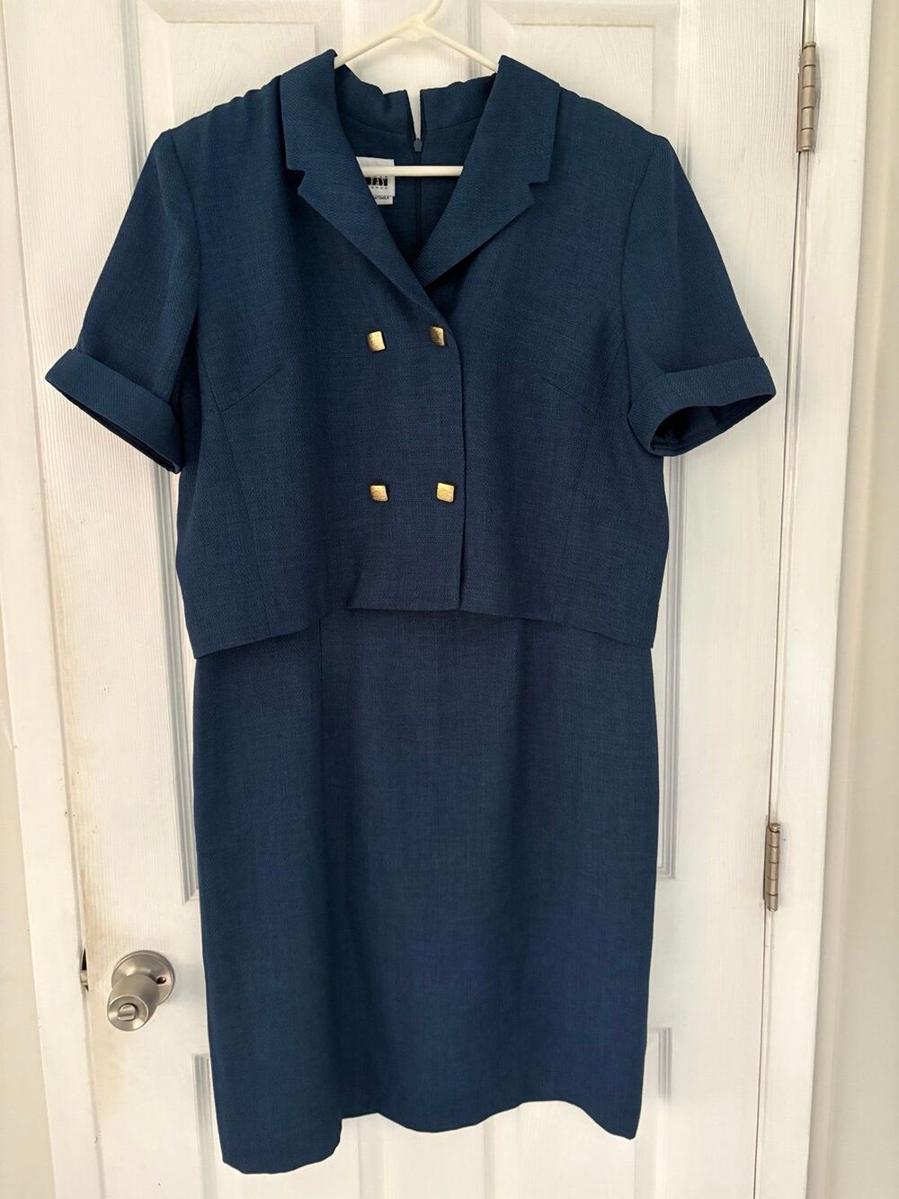 Vintage Navy Blue Jacket Dress Set Size 16 Gold Buttons - Picture 7 of 7